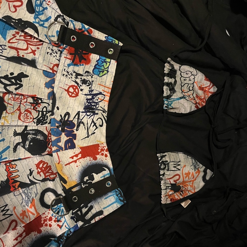 Current Mood graffiti print skirt with bikini top set